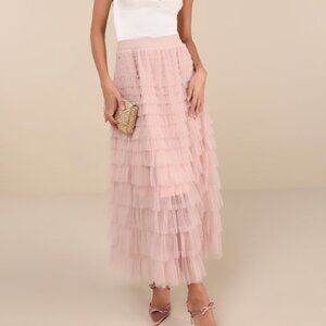 Lulus Instinctually Flirty Dusty Pink Tulle Tiered Maxi Skirt - Size L